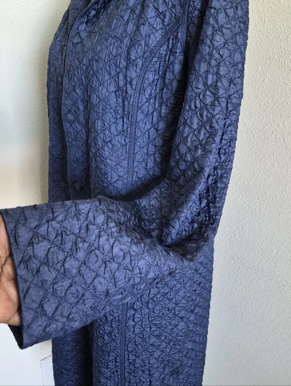 Eileen Fisher Quilted Crinkled Silk, Midi Trench Evening Coat in Blue